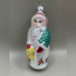 Vintage Christopher Radko Blown Glass Christmas 5” Ornament “Poinsettia Santa"